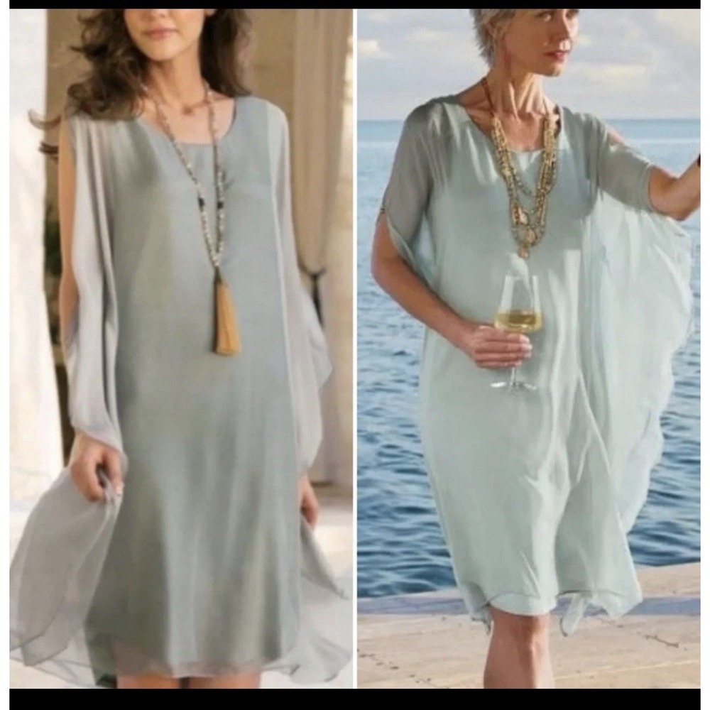 Soft Surroundings Morlaix Silk Dress Sage‎  Lined Flowy Sz L $150